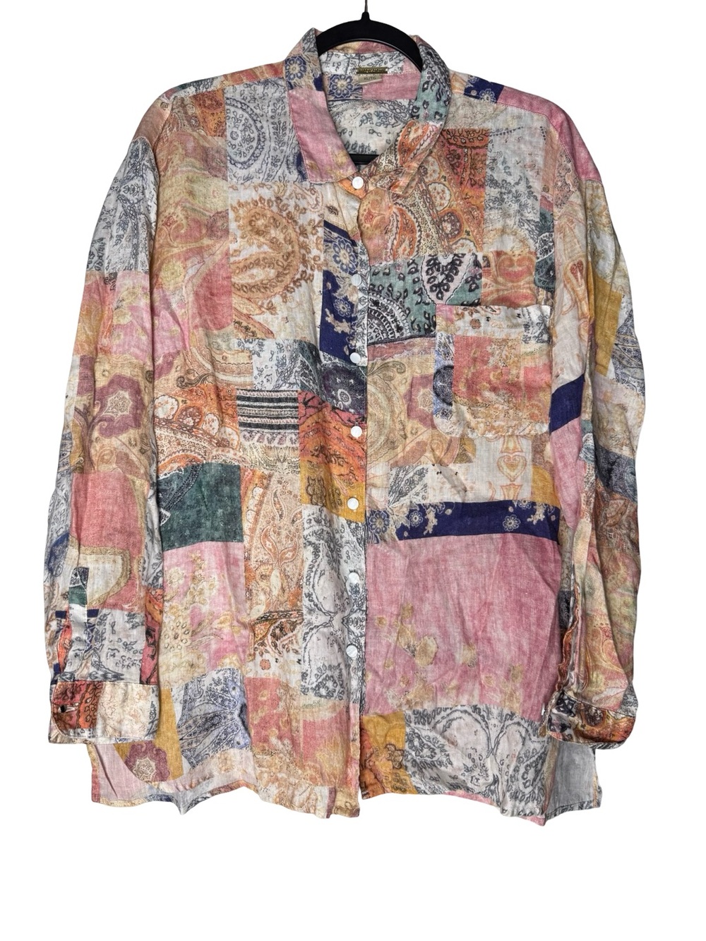 Magaschoni Linen Button Shirt Womens XL Paisley Patchwork Print Boho L/S Coastal